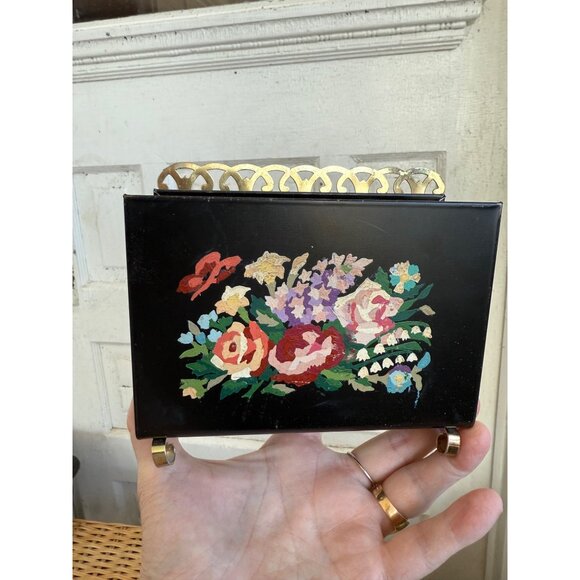 Vintage 50's Black Metal Floral Hand Painted Toleware Napkin/Letter Holder - Picture 6 of 7